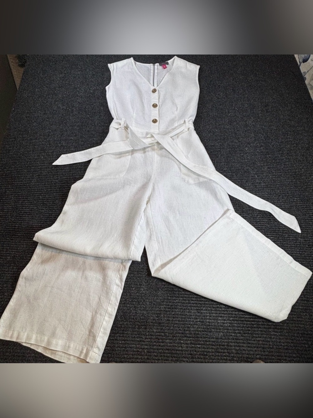 Vince Camuto White Linen Sleeveless Button-Front Wide Leg Jumpsuit w/Tie Waist